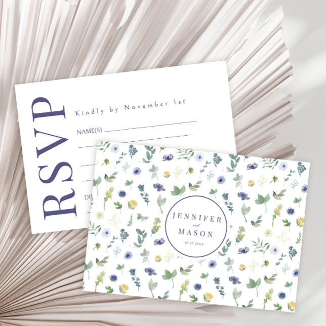 Navy blue yellow flower garden wedding RSVP cards (Creator Uploaded)