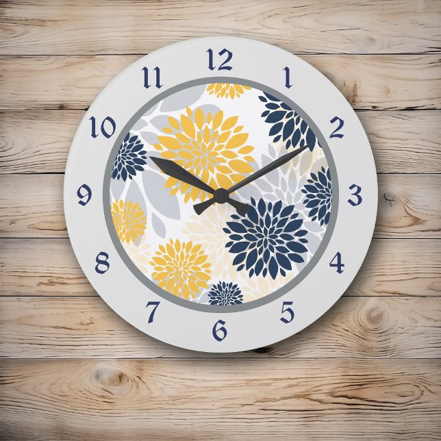 Navy Blue Yellow Flower Graphic Large Clock (Creator Uploaded)