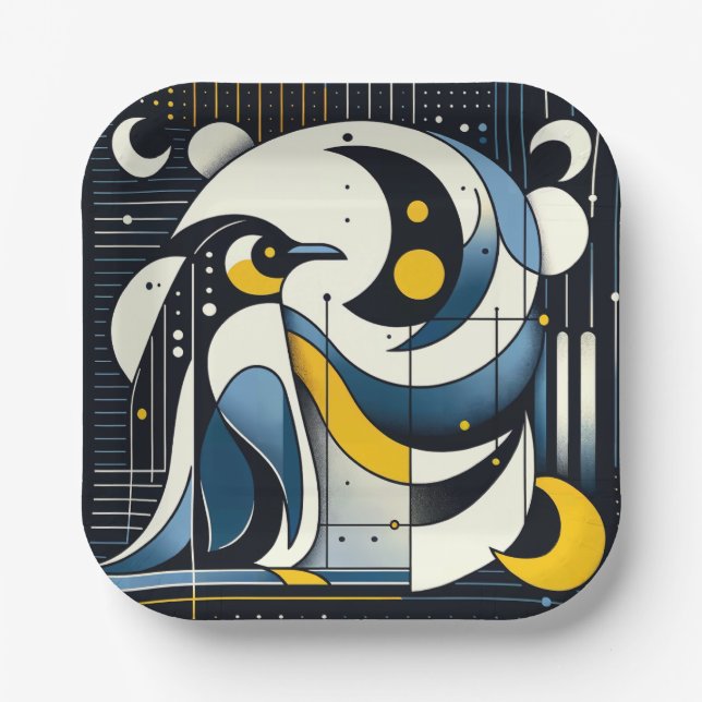 Navy Blue Yellow Geometric Abstract Penguin Art Paper Plate (Front)