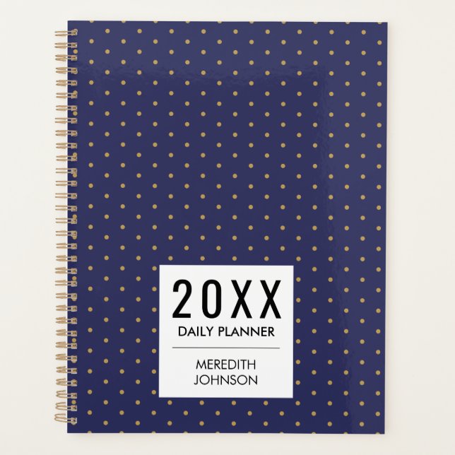 Navy Blue Yellow Gold Polka Dot Daily Planner (Front)