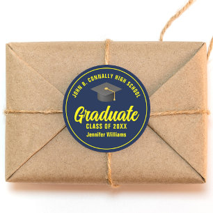 Navy Blue Yellow Graduate Custom Graduation Party Classic Round Sticker