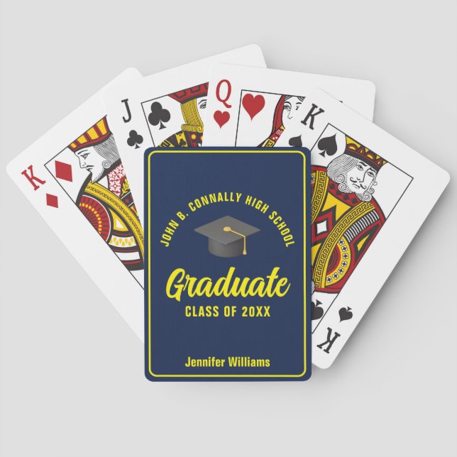 Navy Blue Yellow Graduate Custom Graduation Party Playing Cards (Back)