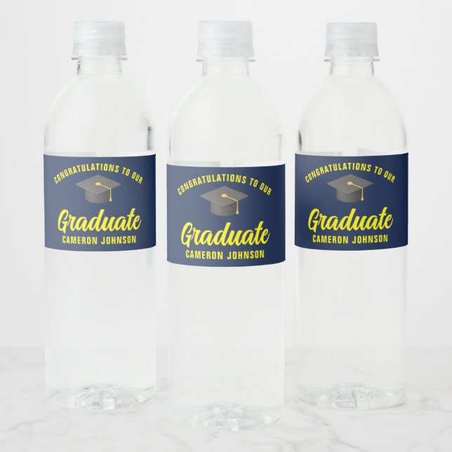 Navy Blue Yellow Graduate Custom Graduation Party Water Bottle Label (Bottles)