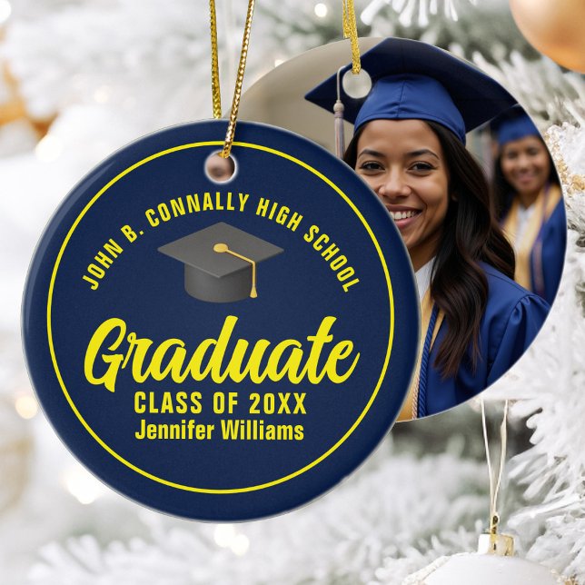 Navy Blue Yellow Graduation Custom Graduate Photo Ceramic Tree Decoration (Creator Uploaded)
