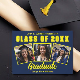 Navy Blue Yellow Graduation Photo Collage Graduate Announcement