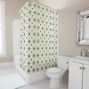 Navy Blue & Yellow Mediterranean Daisy Tile Shower Curtain