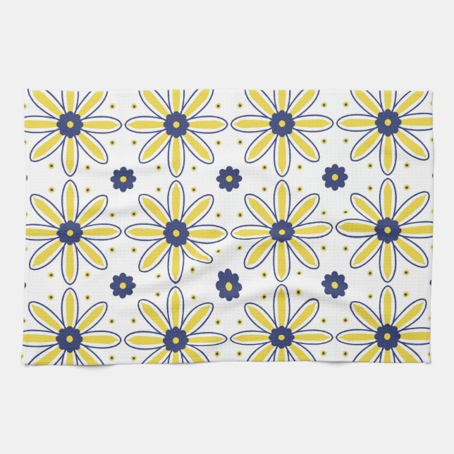 Navy Blue & Yellow Mediterranean Daisy Tile Tea Towel (Horizontal)