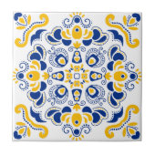 Navy Blue Yellow Mediterranean Pattern White Tile (Front)