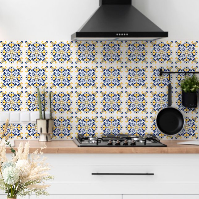 Navy Blue Yellow Mediterranean Stylish White Tile (Creator Uploaded)