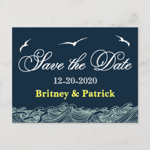 Navy Blue & Yellow Nautical Wedding Save the Dates Announcement Postcard