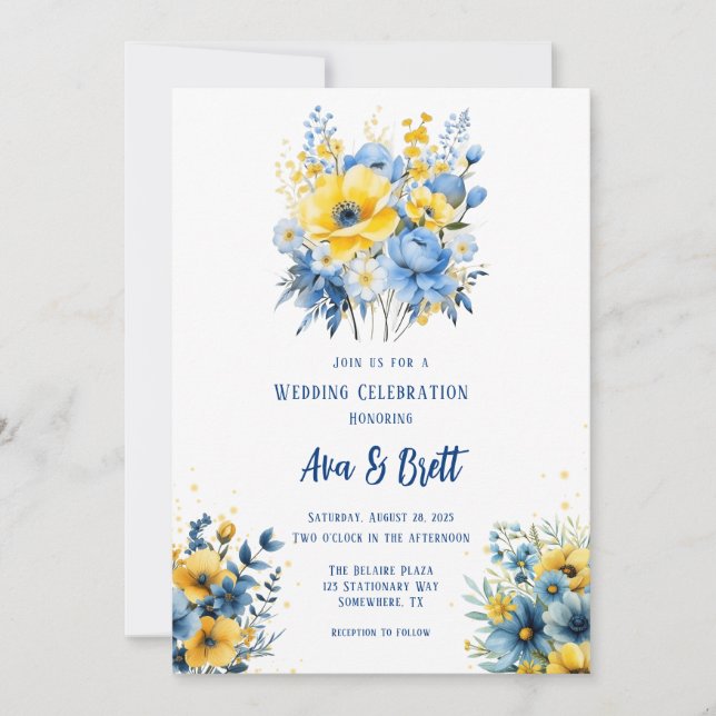 Navy Blue Yellow Painted Floral Gold Wedding Invitation (Front)