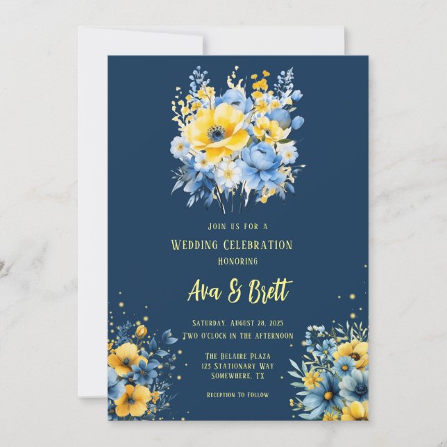 Navy Blue Yellow Painted Floral Gold Wedding Invitation (Front)