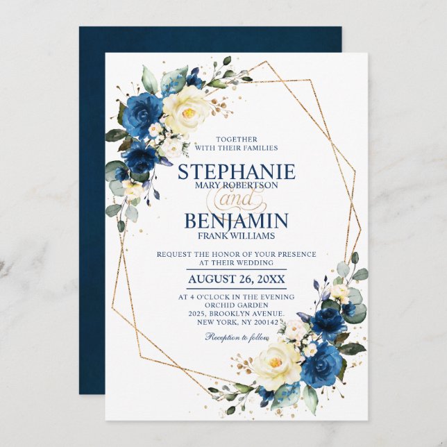 Navy Blue Yellow Rose Boho Geometric Wedding Invit Invitation (Front/Back)
