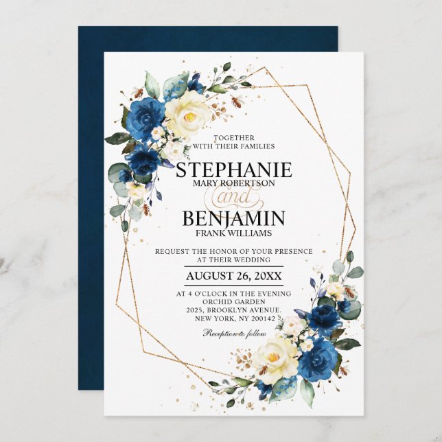 Navy Blue Yellow Rose Boho Geometric Wedding Invit Invitation (Front/Back)
