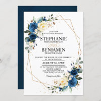 Navy Blue Yellow Rose Boho Geometric Wedding Invit