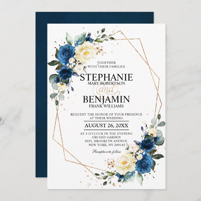 Navy Blue Yellow Rose Boho Geometric Wedding Invitation (Front/Back)