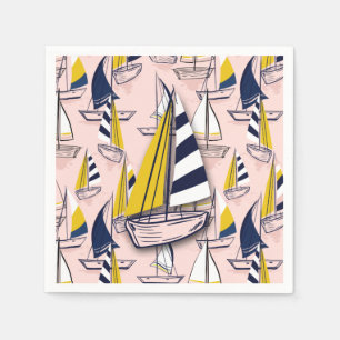 Navy Blue Yellow Sailboats on Pink Sea Party Napkin