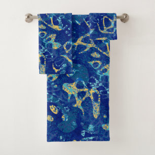 Navy Blue & Yellow Spotted Graphic Abstraction Bath Towel Set