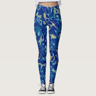 Navy Blue & Yellow Spotted Graphic Abstraction Leggings