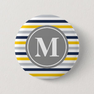 Navy Blue Yellow Striped Pattern Monogram 6 Cm Round Badge