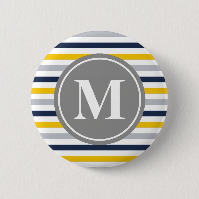 Navy Blue Yellow Striped Pattern Monogram 6 Cm Round Badge (Front)