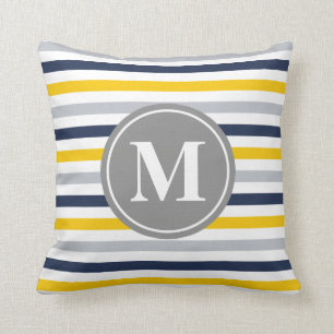 Navy Blue Yellow Striped Pattern Monogram Cushion