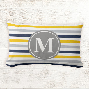 Navy Blue Yellow Striped Pattern Monogram Lumbar Cushion