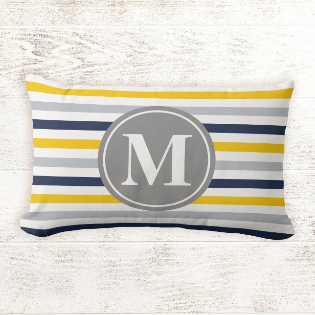 Navy Blue Yellow Striped Pattern Monogram Lumbar Cushion (Creator Uploaded)