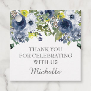 Navy Blue Yellow Watercolor Floral Thank You Favour Tags