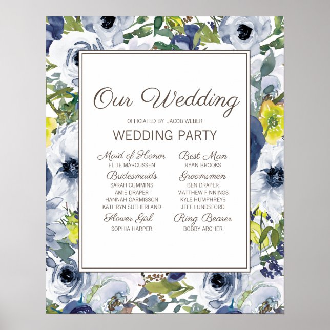 Navy Blue Yellow White Floral Wedding Party Poster (Front)