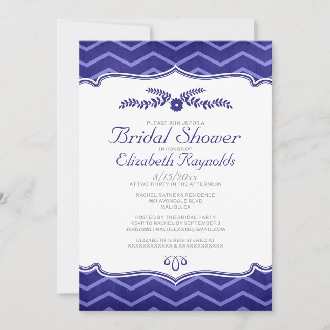 Navy Blue Zigzag Bridal Shower Invitations (Front)