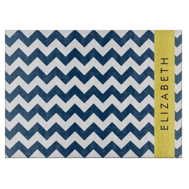 Navy Blue Zigzag, Navy Blue Chevron, Your Name Cutting Board (Front)