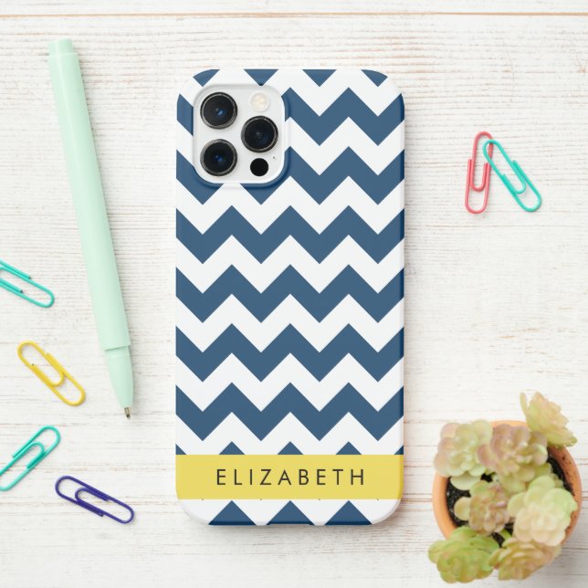 Navy Blue Zigzag, Navy Blue Chevron, Your Name iPhone Case (On Desk)