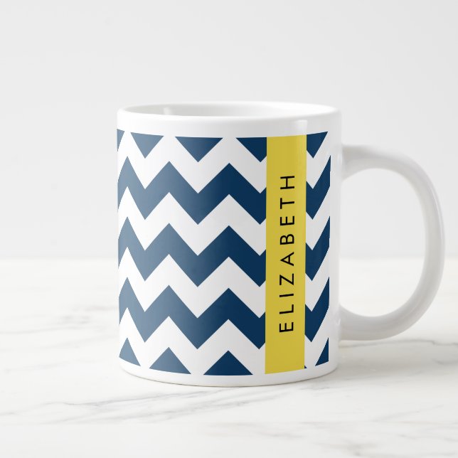Navy Blue Zigzag, Navy Blue Chevron, Your Name Large Coffee Mug (Right)
