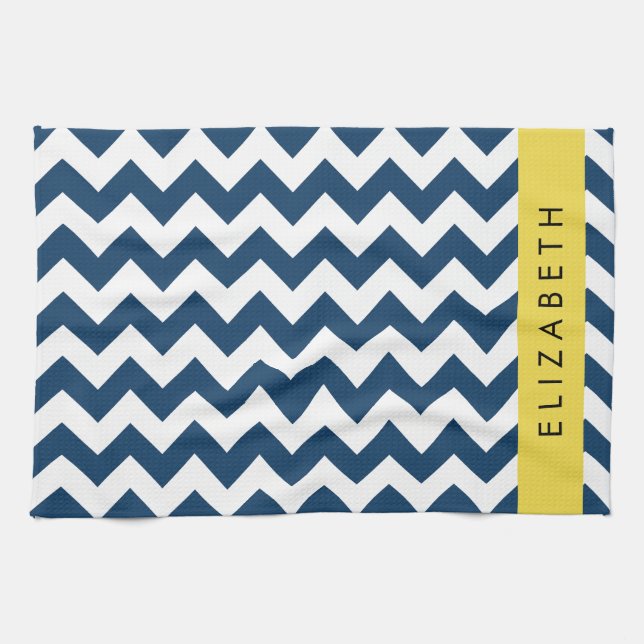 Navy Blue Zigzag, Navy Blue Chevron, Your Name Tea Towel (Horizontal)