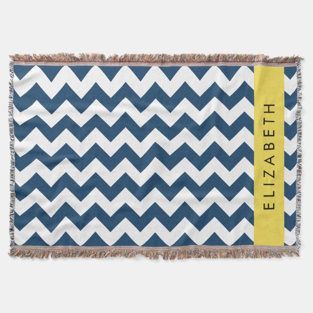 Navy Blue Zigzag, Navy Blue Chevron, Your Name Throw Blanket (Front)