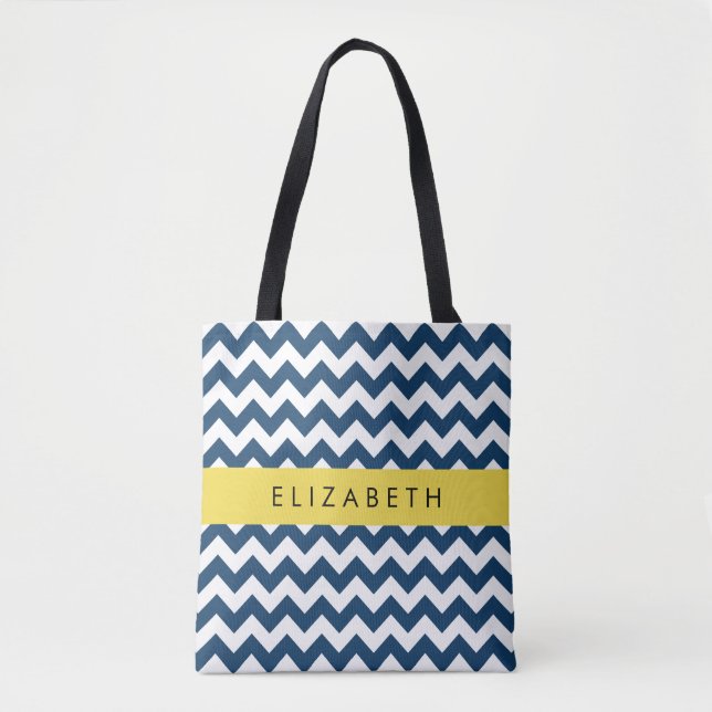 Navy Blue Zigzag, Navy Blue Chevron, Your Name Tote Bag (Front)