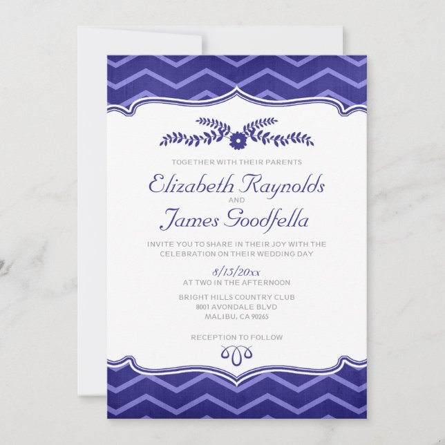 Navy Blue Zigzag Wedding Invitations (Front)