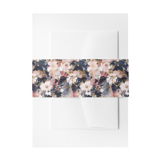 Navy & Blush Abstract Flowers Wedding Invitation Belly Band (Front Example)