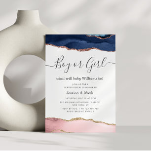 navy blush agate baby gender reveal invitation