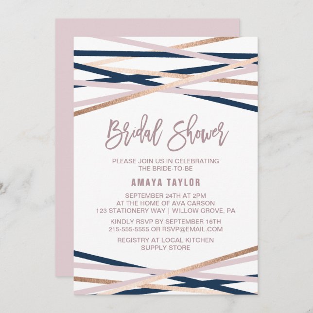Navy Blush and Rose Gold Streamers Bridal Shower Invitation (Front/Back)