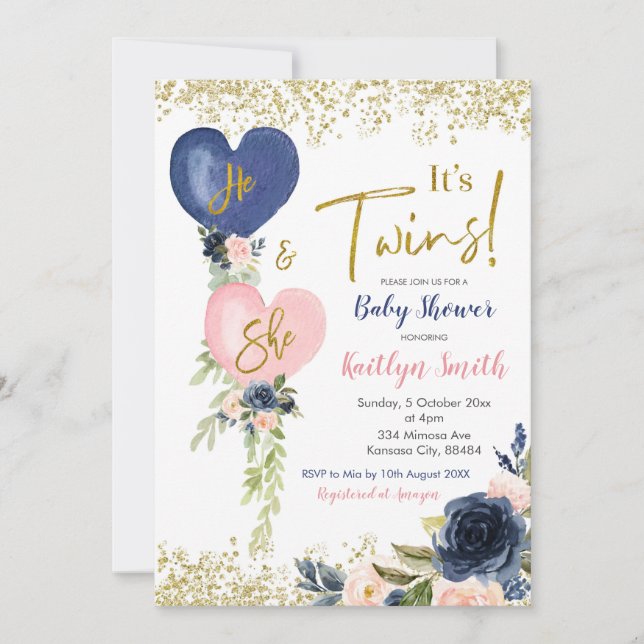 Navy & Blush Balloon Twins Baby Shower Invitation (Front)