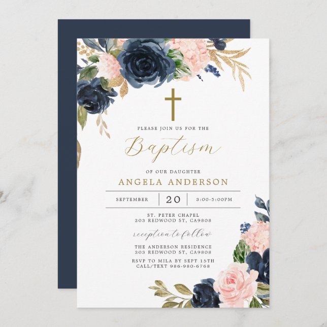 Navy Blush Baptism/Christening Invitation (Front/Back)