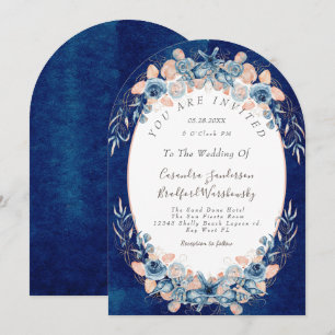 Navy Blush  Beach Watercolor Shell Flower Wedding Invitation