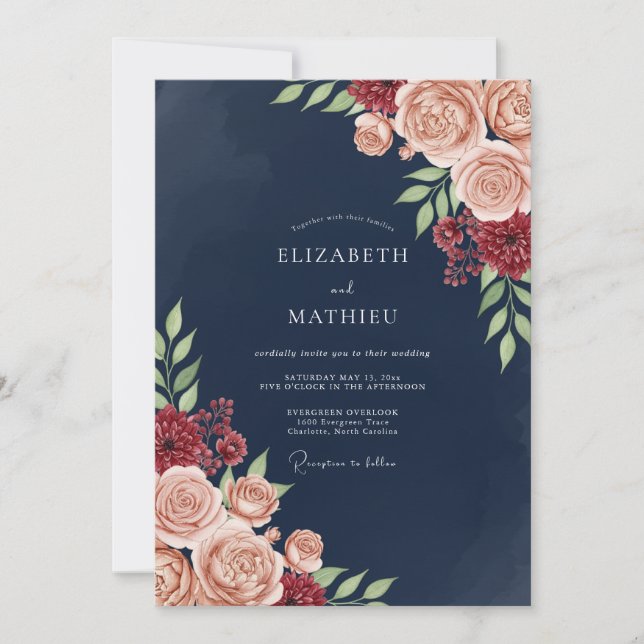 Navy Blush Bloom Romance Wedding Invitation (Front)