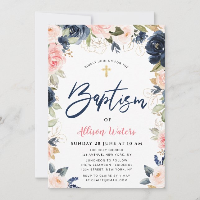 Navy blush blooms floral Baptism invitation (Front)