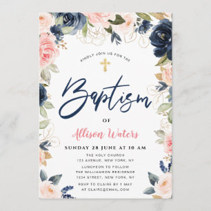 Navy blush blooms floral Baptism invitation