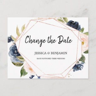 Navy Blush Blossom Floral Change the Date Postcard