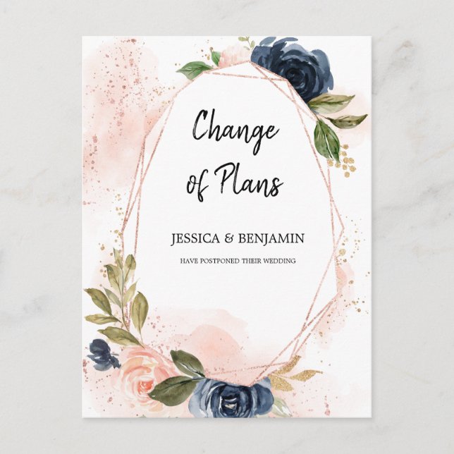 Navy Blush Blossom Floral Change the Date Postcard (Front)