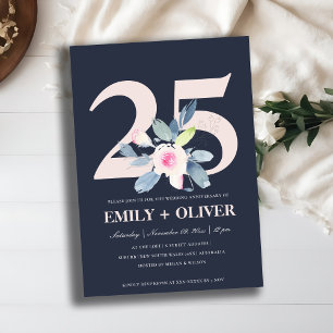 NAVY BLUSH BLUE FLORAL 25TH ANY YEAR ANNIVERSARY INVITATION